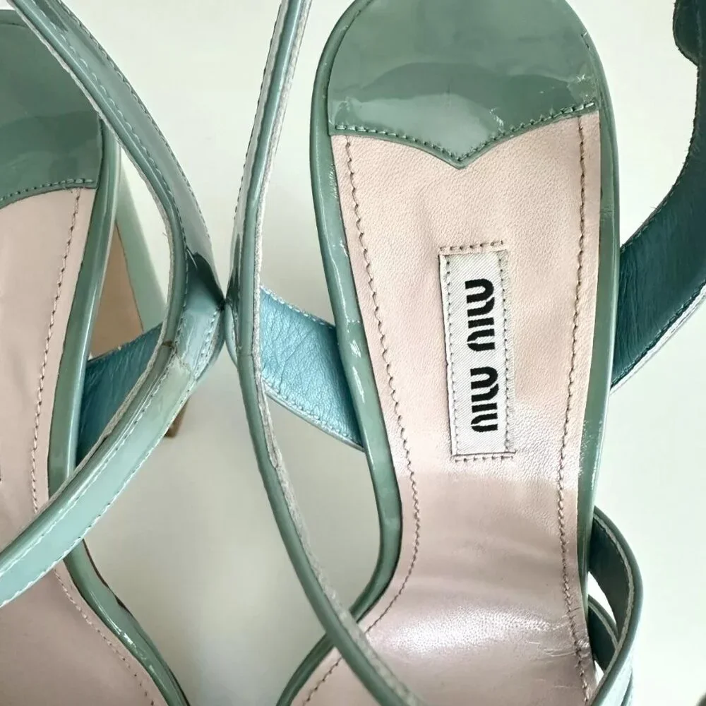 NEW MIU MIU Seafoam Blue Patent Leather Ankle Strap Platform Sandals Size 8.5
